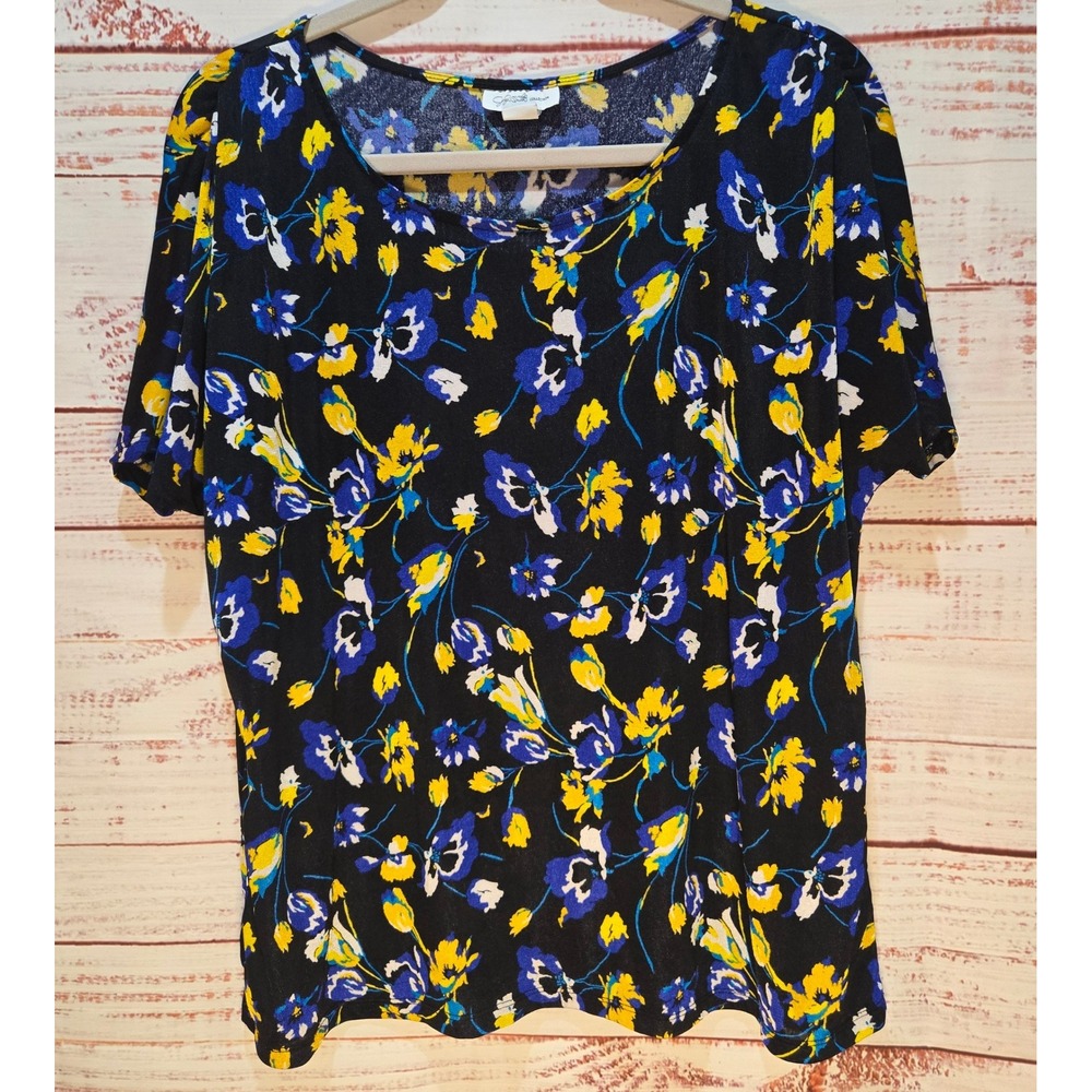 Jaclyn Smith Collection XL Floral Short Sleeve Top Black Blue Yellow